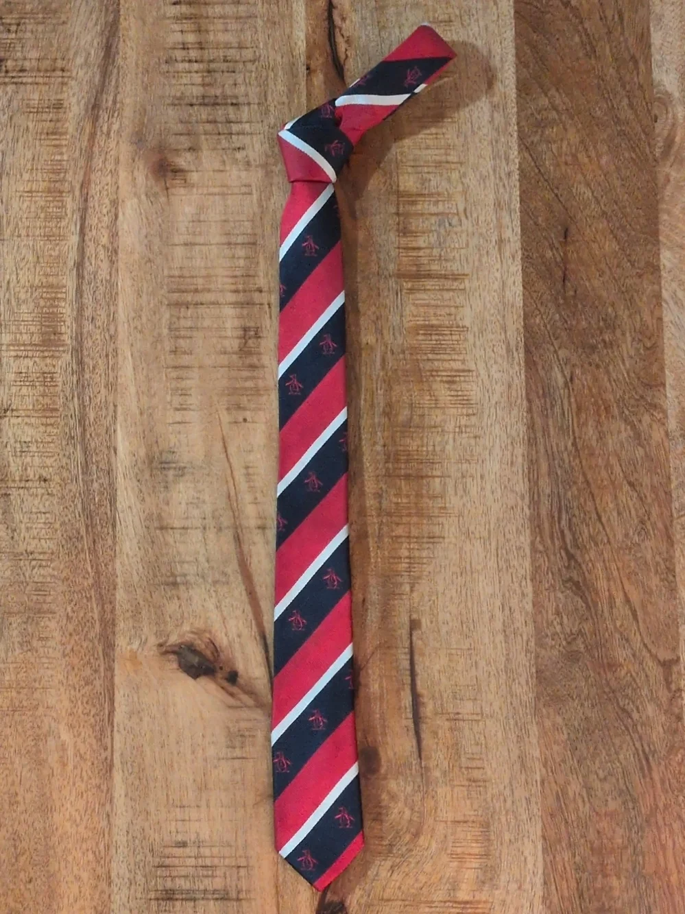 Original Penguin Skinny Silk Striped Tie Red Navy White Embroidered Logo